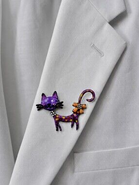 Whimsical Purple Cat Brooch with Orange Polka-Dot Bow, NWOT
